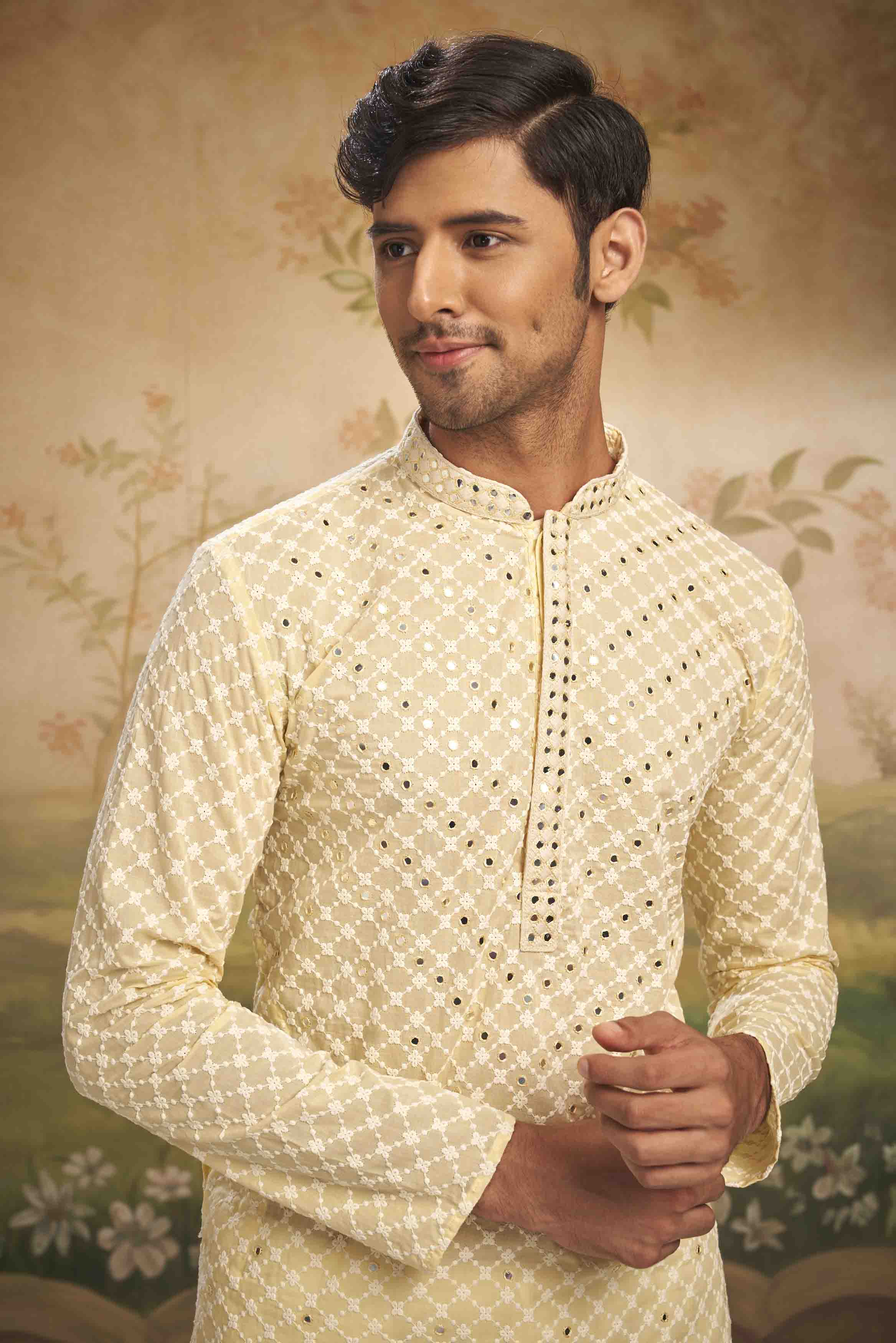 Light Yellow Chikankari kurta with Mirrorwork